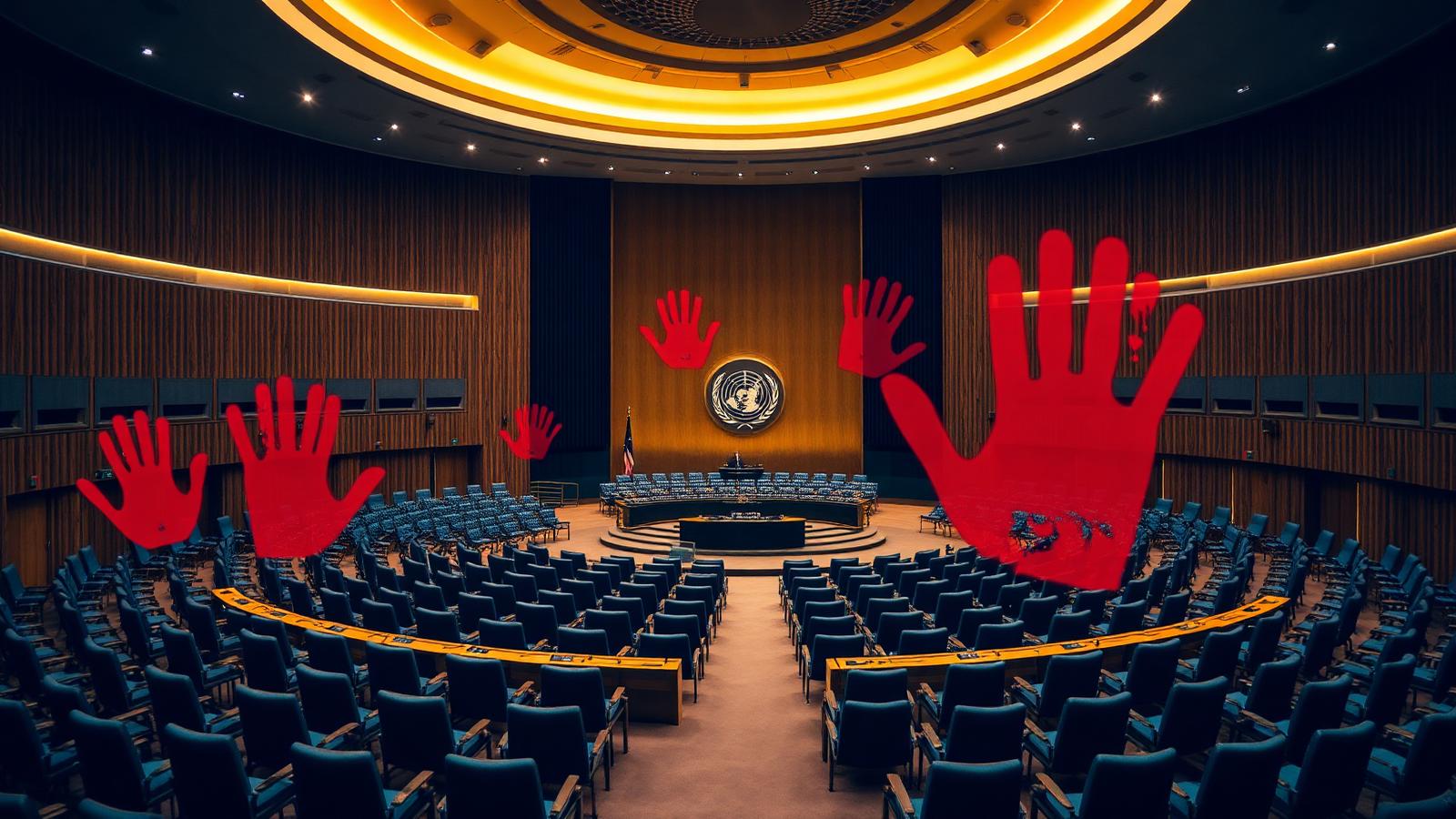 An empty UN-style conference hall with translucent red handprints suspended over the chairs