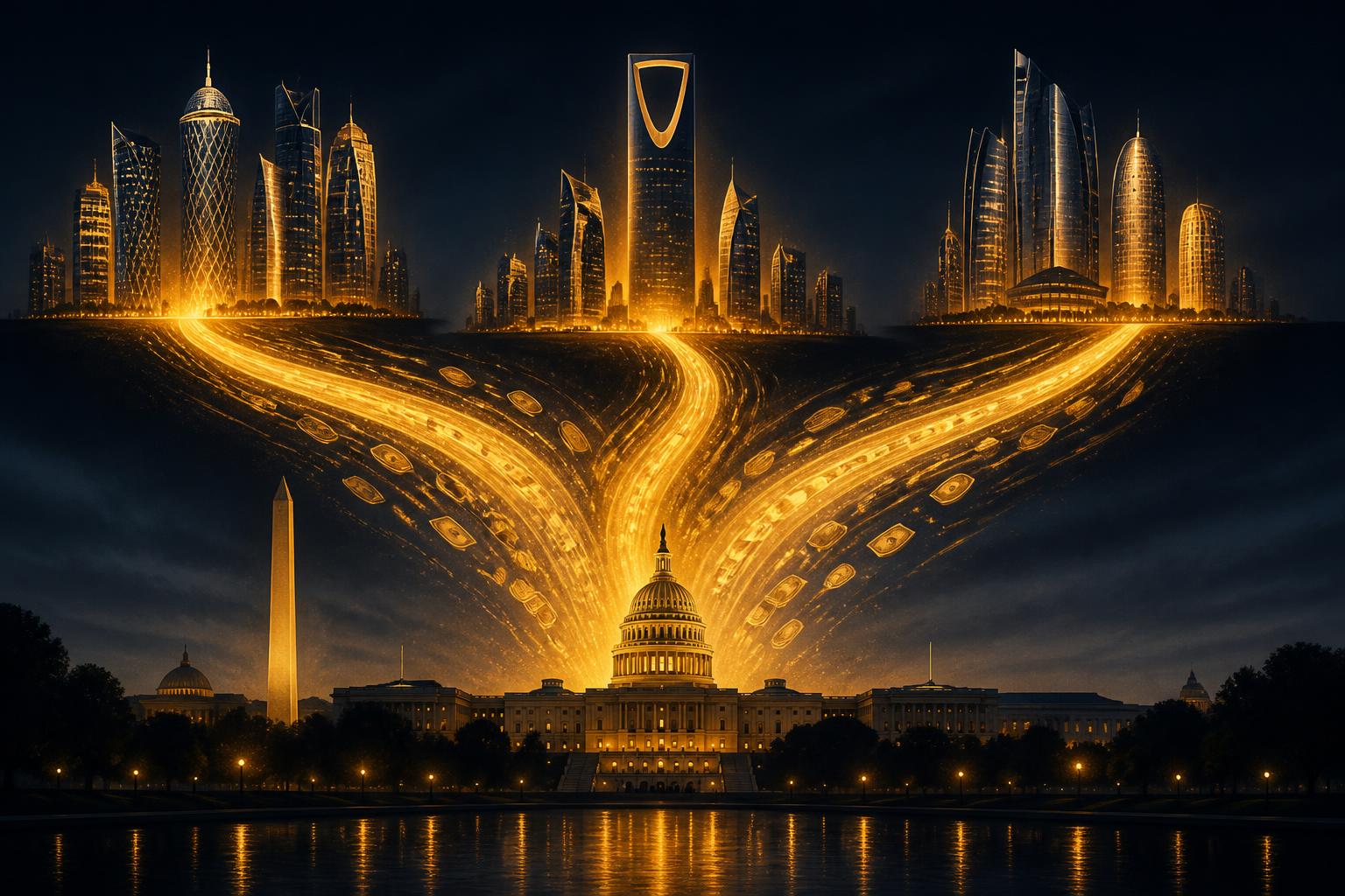 Golden streams of money flowing from Gulf skylines (Doha, Riyadh, Abu Dhabi) toward the U.S. Capitol at night
