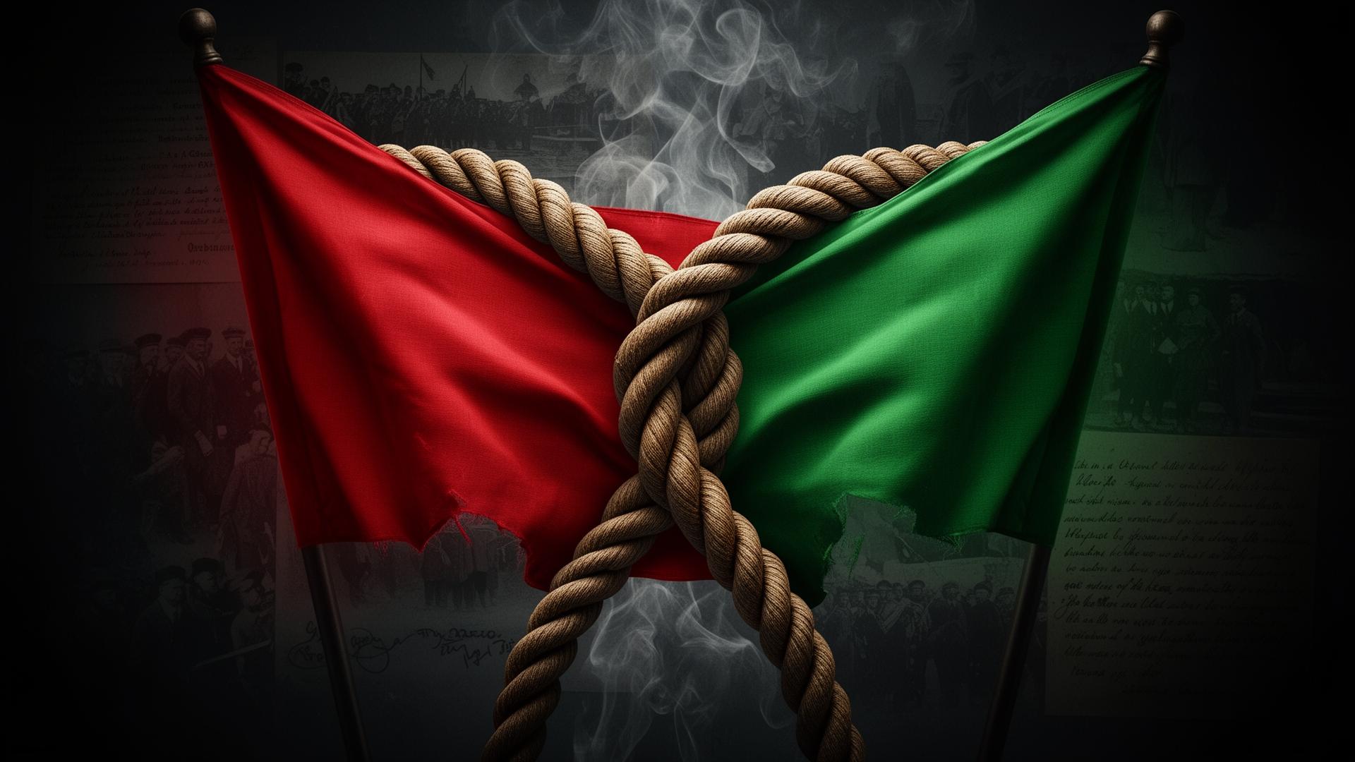 Red and green flags braided together — symbolizing the documented Red-Green Alliance